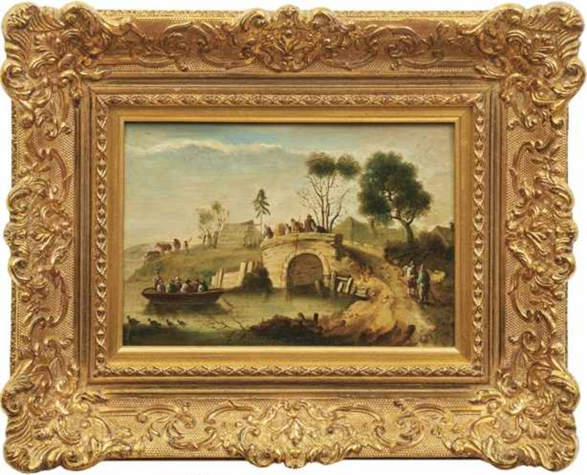 Frühromantiker des ausgehenden 18. Jahrhunderts Flusslandschaft mit Anglern Öl/Holz. 18,5 x 26 cm.