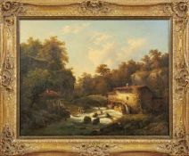 Baudit, Jean Amédée Flusslandschaft mit Mühle und Anglern (Genf 1825-1890 Bordeaux) Öl/Lwd. Links