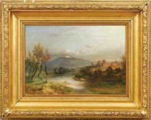 Flusslandschaft mit befestigter Anlage am Ufer 19. Jh. Öl/Lwd., doubl. 35,5 x 49,5 cm.