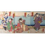 Utagawa Kunisada (Toyokuni III.) Triptychon mit Kabuki-Szene an einem Hafen (Katsushika 1786-1865