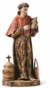 Heiliger Spanien, 17. Jh. Auf Sockelplatte stehender Heiliger im faltenreichem Gewand, roter Mozetta
