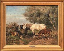 Fay, Ludwig Benno Bauer mit Pferden und Esel bei der Rast an einer Tränke (Gerresheim 1859-1906