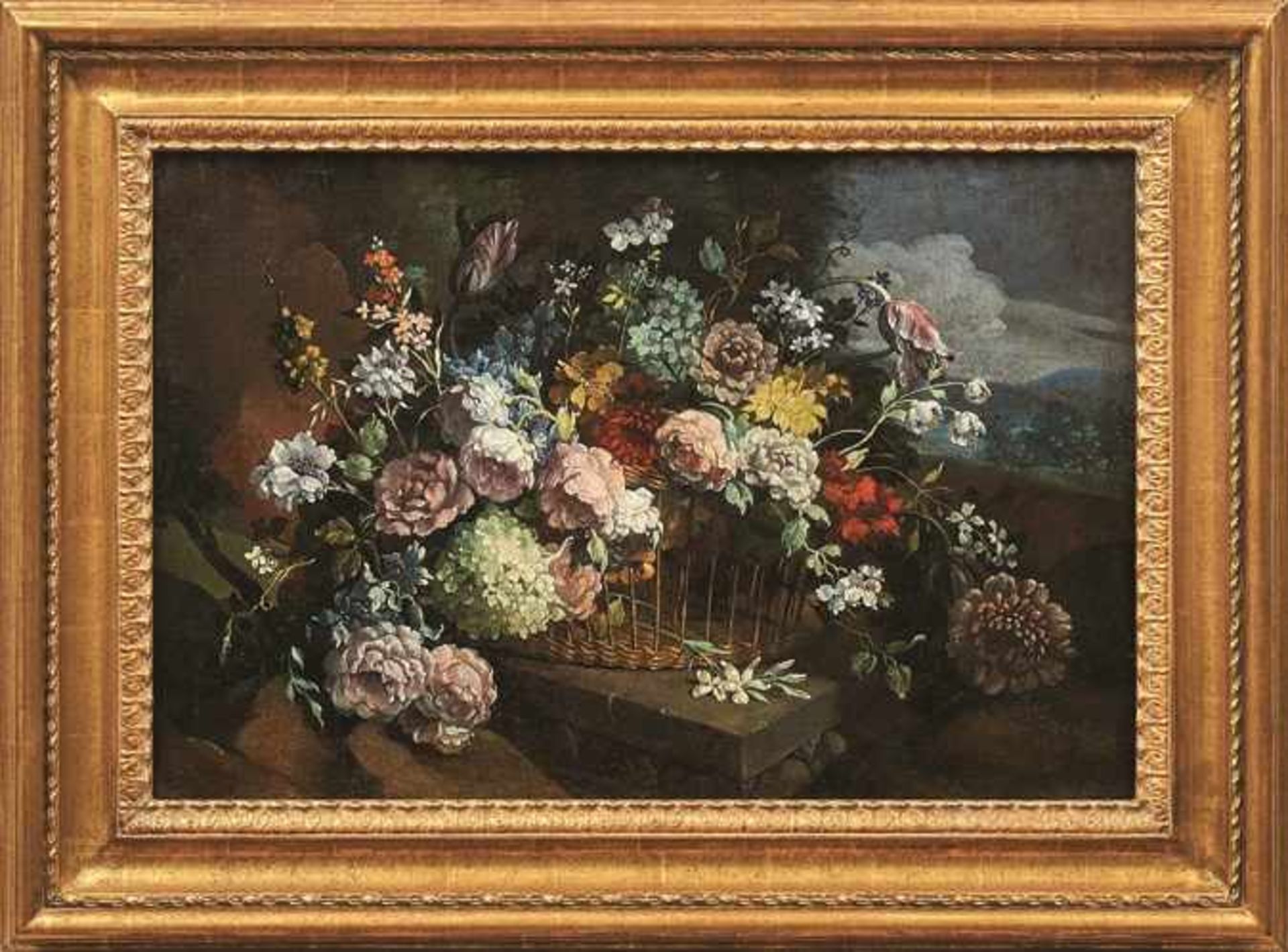 Pendants mit Blumenstillleben 18. Jh. Große üppig aufgeblühte Blumenbouquets in Körben auf Waldboden