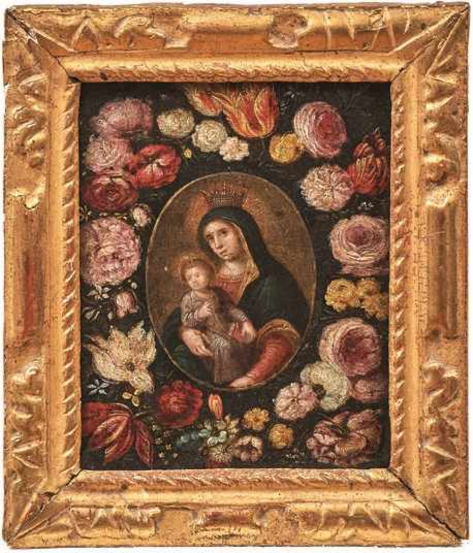 Kreis des Frans Francken II. Madonna im Blütenkranz In der ovalen Reserve die bekrönte Maria mit dem