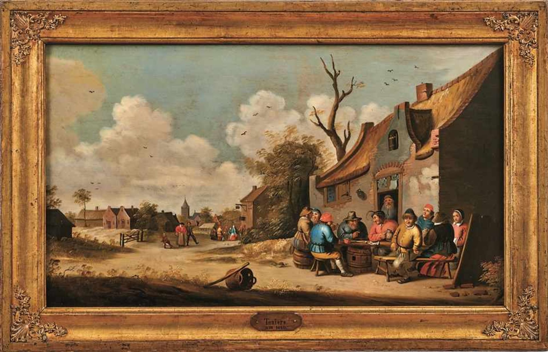 Mahu, Cornelis Dorfstraße mit fröhlicher Gesellschaft vor dem Wirtshaus (Antwerpen um 1613-1689