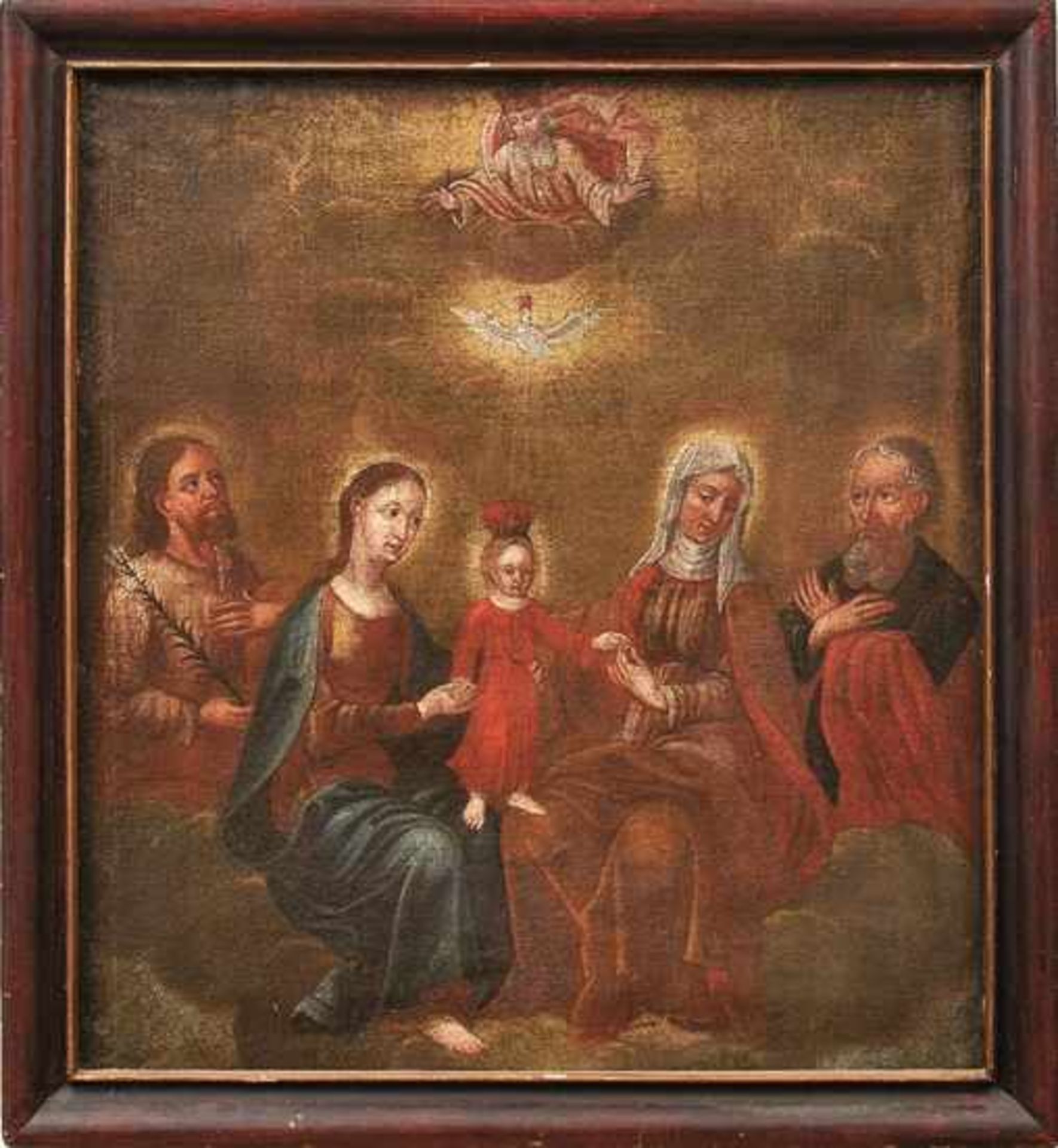 Heilige Familie Süddeutschland, 18. Jh. Im Zentrum der stehende Jesusknabe, flankiert von Maria,