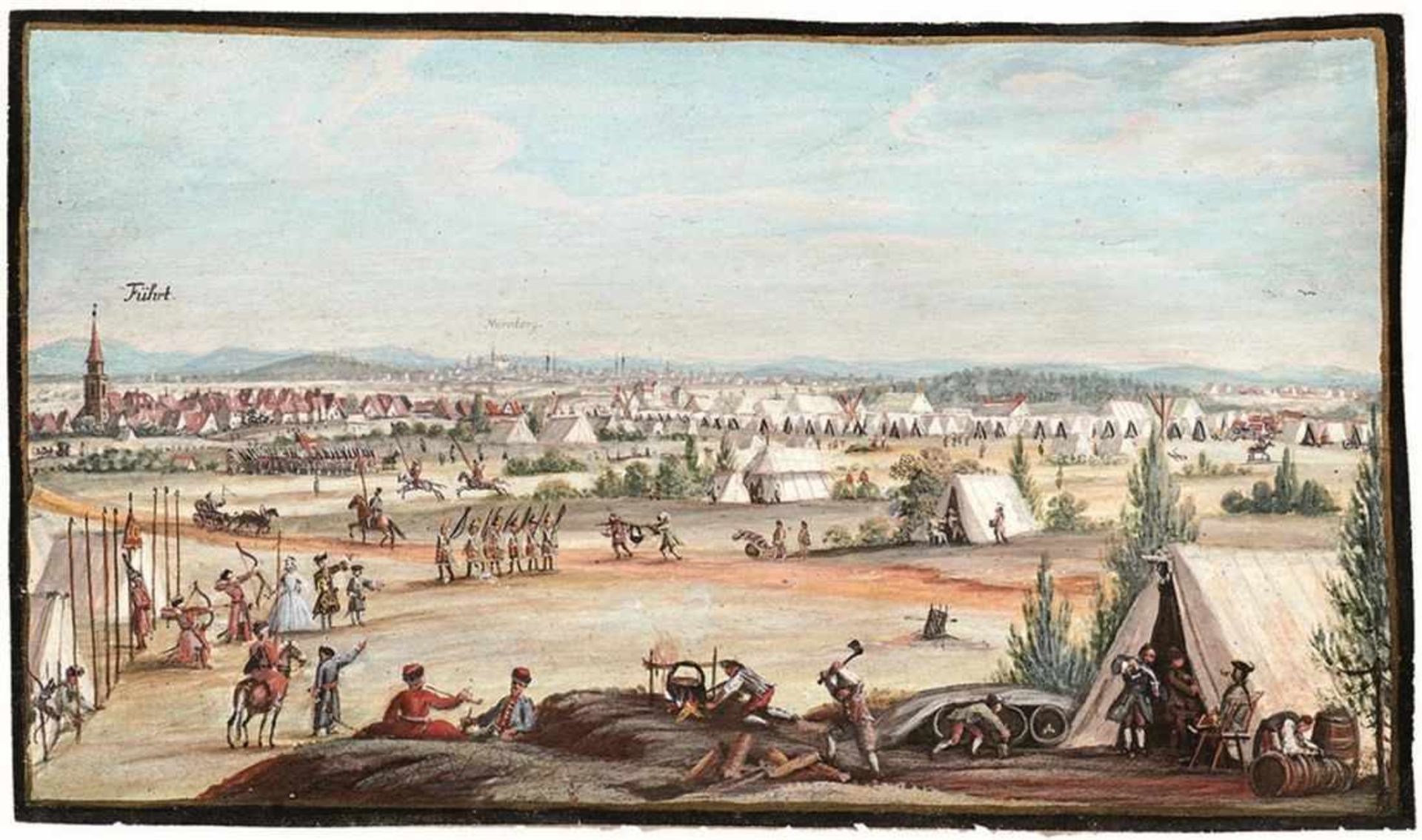 Heerlager bei Fürth 18. Jh. Eine russische Armee im kaiserlichen Dienst pausiert im Jahr 1735 bei