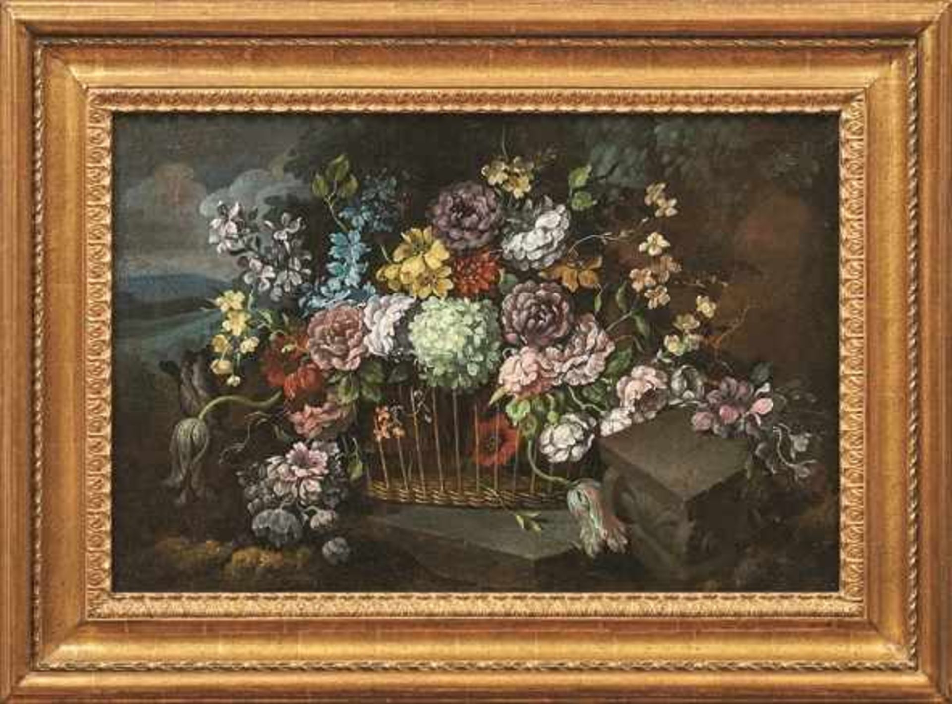 Pendants mit Blumenstillleben 18. Jh. Große üppig aufgeblühte Blumenbouquets in Körben auf Waldboden - Image 2 of 2