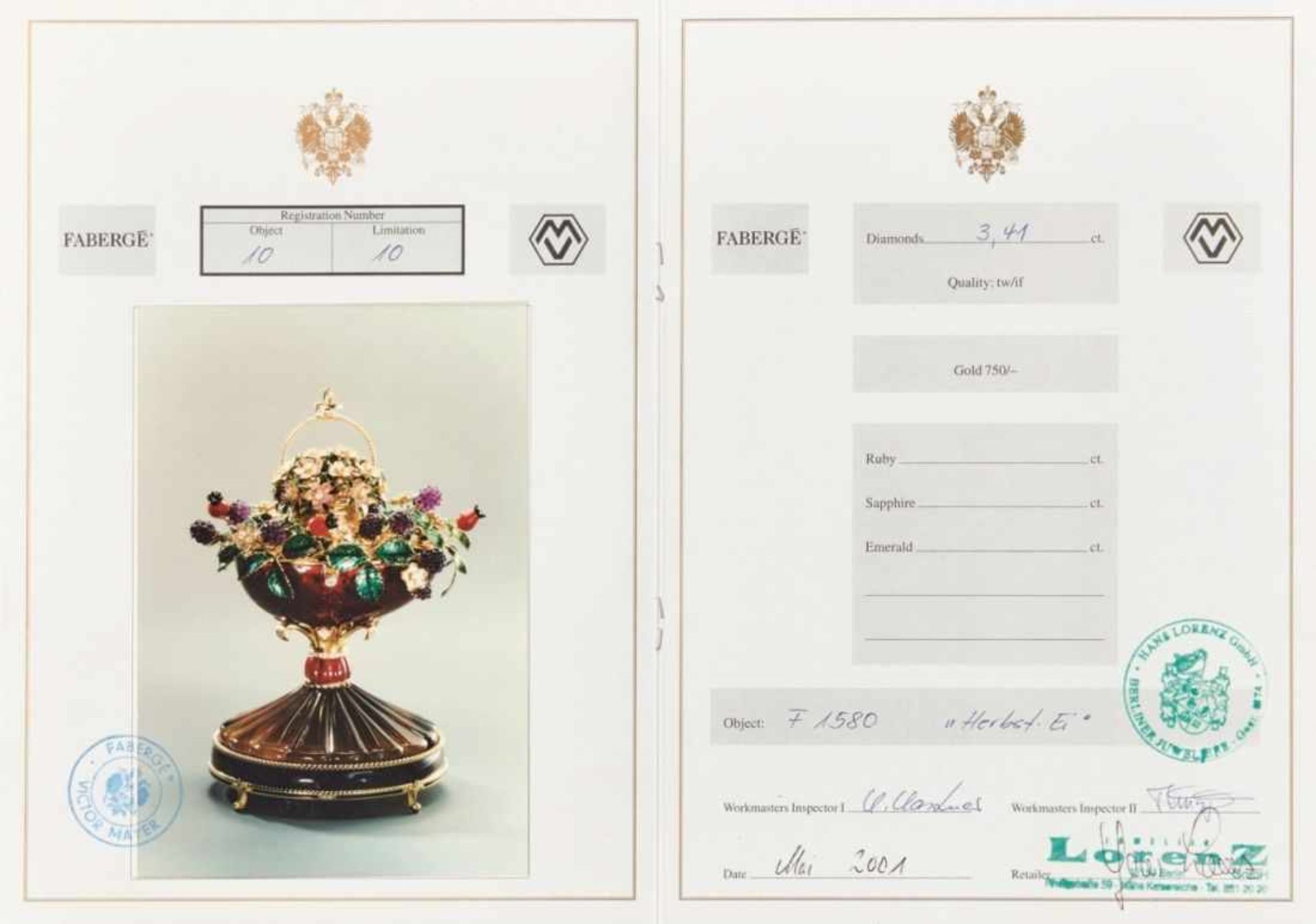 Fabergé-Herbstei mit Spielwerk Pforzheim, Victor Mayer Runder, mit Obsidian-Achat besetzter Sockel - Bild 2 aus 2