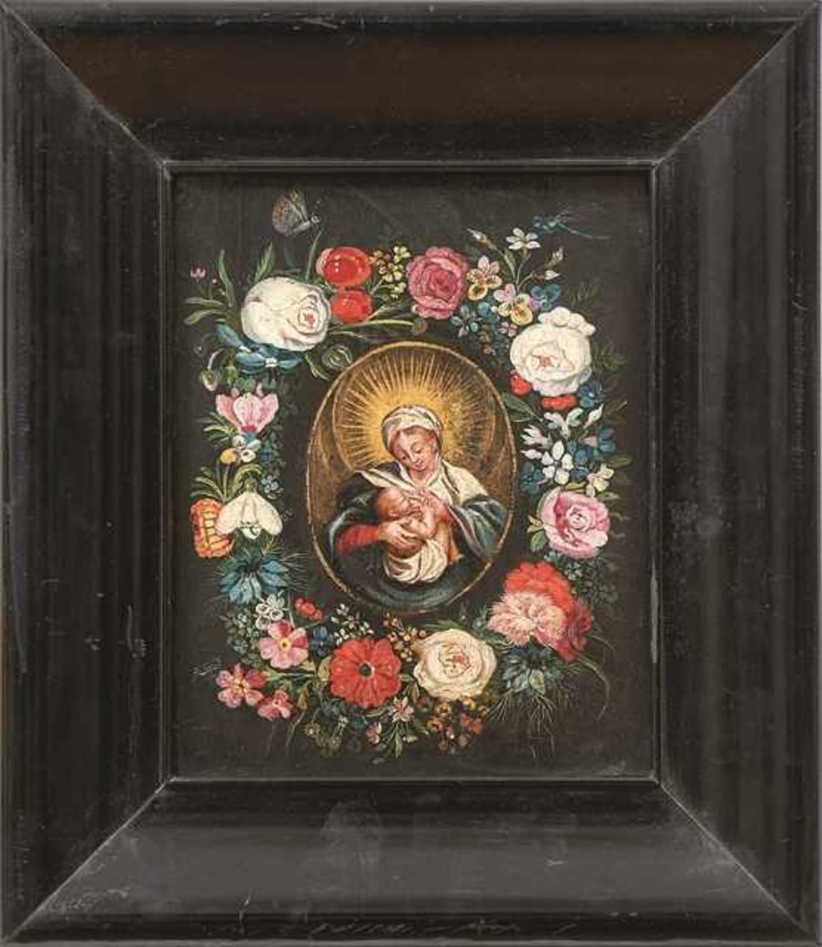 Flämische Schule des 17. Jahrhunderts Blütenkranz mit Maria lactans In ovaler Reserve die