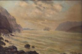 Böhm, O. Fjordlandschaft mit Segelschiff Fr. 20. Jh. Öl/Lwd. Rechts unten sign. und dat. "1910".