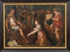 Esther bittet König Ahasveros um Gnade für ihr jüdisches Volk Italien, 17. Jh. Öl/Lwd., doubl. 76