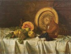 Unbekannter Maler um 1900 Prunkstillleben Mit Früchten, Schauplatte, Kupfergeschirr und