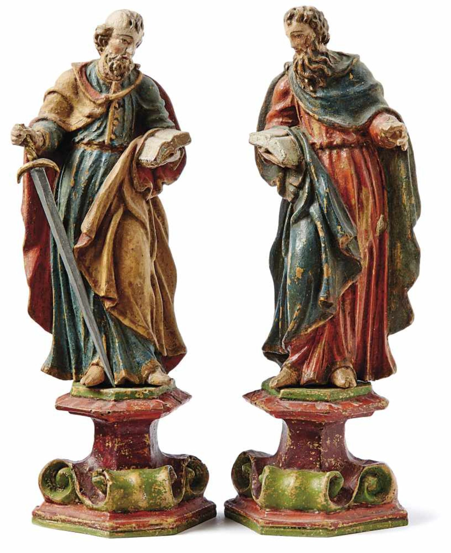 Petrus und Paulus18. Jh.Auf volutengezierten Sockeln im Kontrapost stehende Heilige im faltenreichen