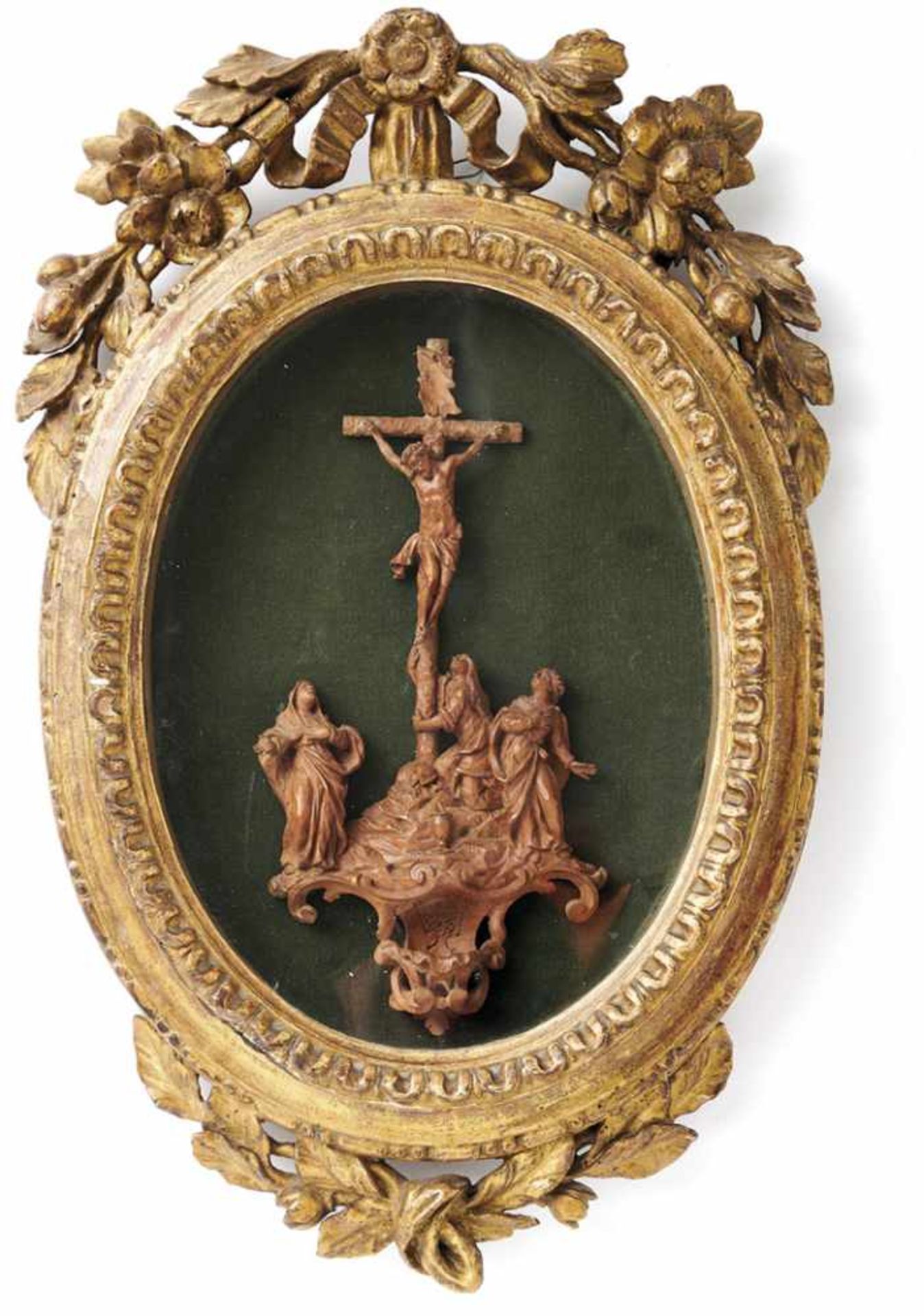 Vermutlich Bozzetto eines WeihbrunnenWürzburg, M. 18. Jh.Kreuzigungsszene mit Maria, Maria Magdalena