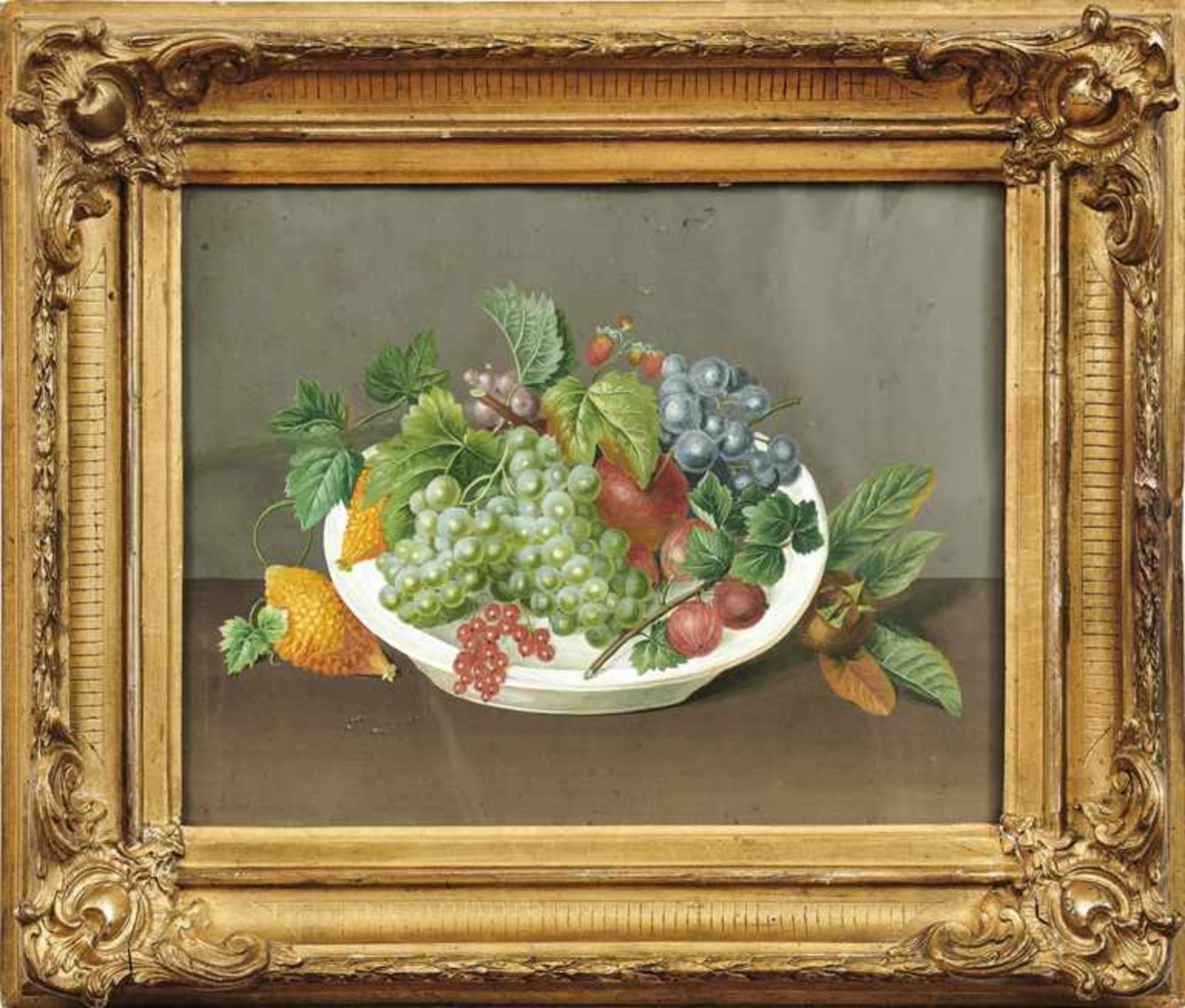 FrüchtestilllebenUm 1850Gouache. Ca. 28 x 35 cm; unter Glas ger.