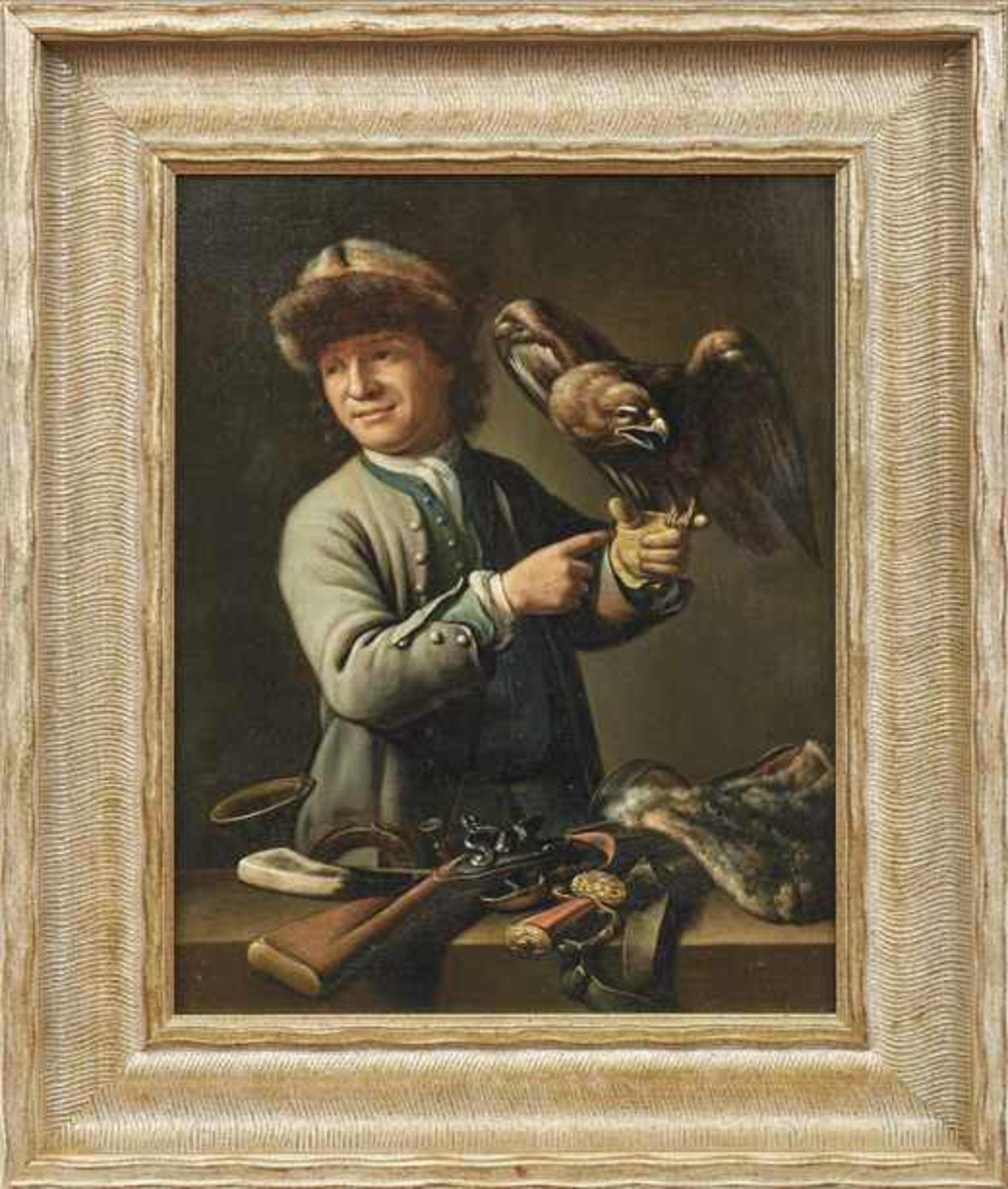 Pee, Theodor vanJäger mit Falke(Amsterdam 1668/1669-1746 Den Haag) Öl/Holz. Rechts unten sign. und