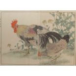 Keinen, ImaoHenne und Hahn auf einem Wiesenstück(Kyoto 1845-1924 ebd.) Farbholzschnitt.