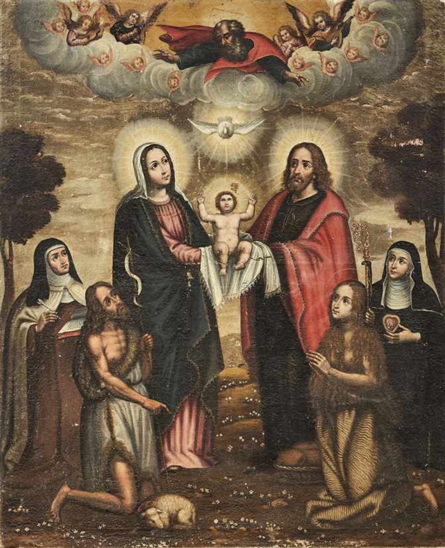 Die Heilige Familie18. Jh.In Landschaft stehend Maria und Joseph, die den Jesusknaben zum Himmel mit