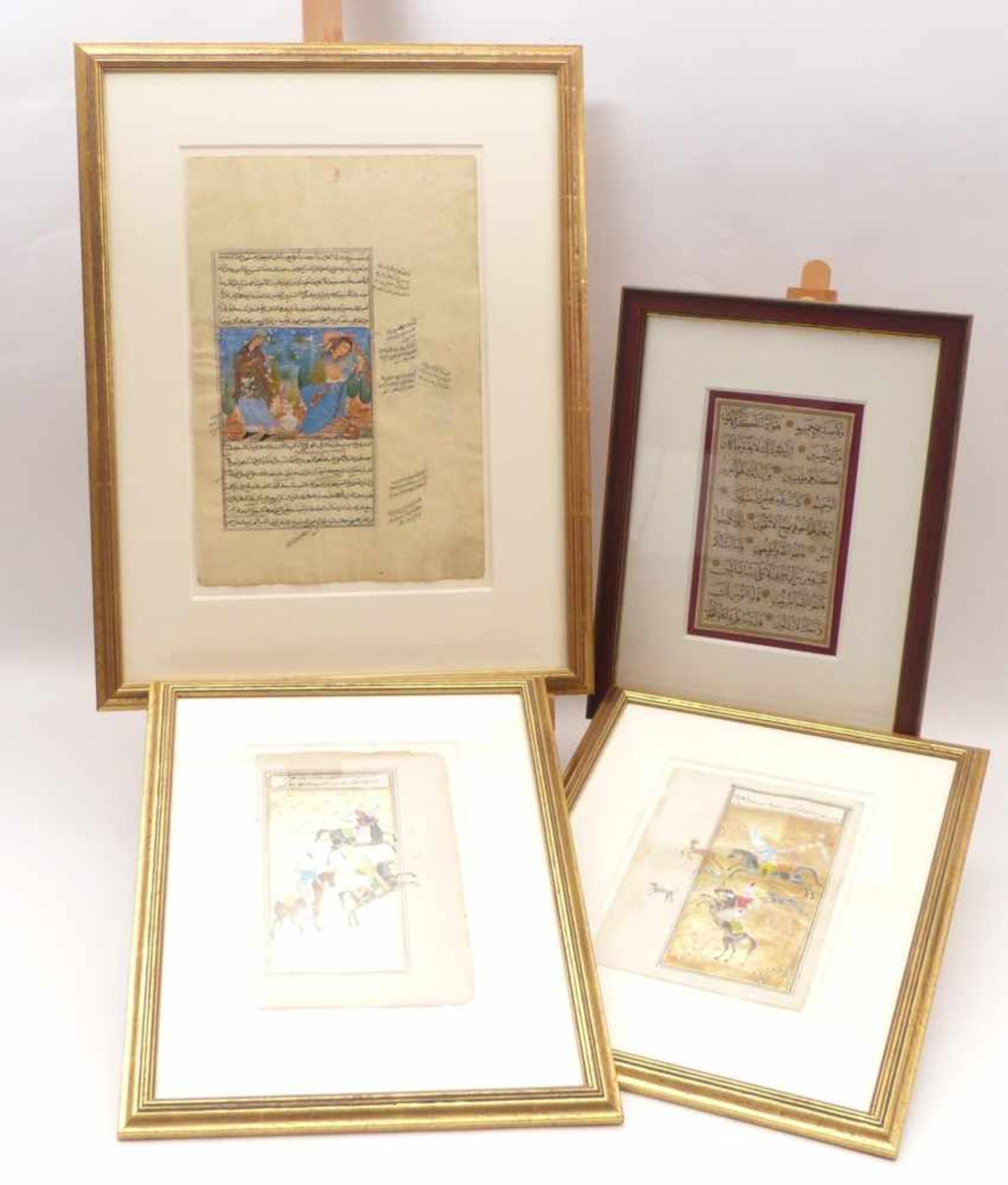 Vier Blatt indopersische MiniaturenPersien, 19./20. Jh.Zwei Illustrationen mit Jagddarstellungen auf