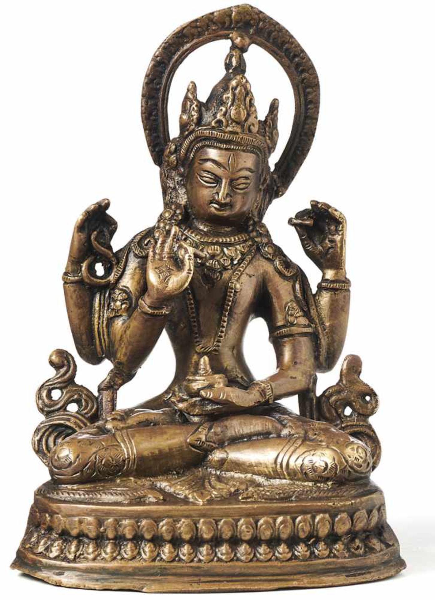Sitzende TaraTibetAuf Lotossockel sitzende Göttin in Vajraposition (Lotus-Sitz), die vier Hände