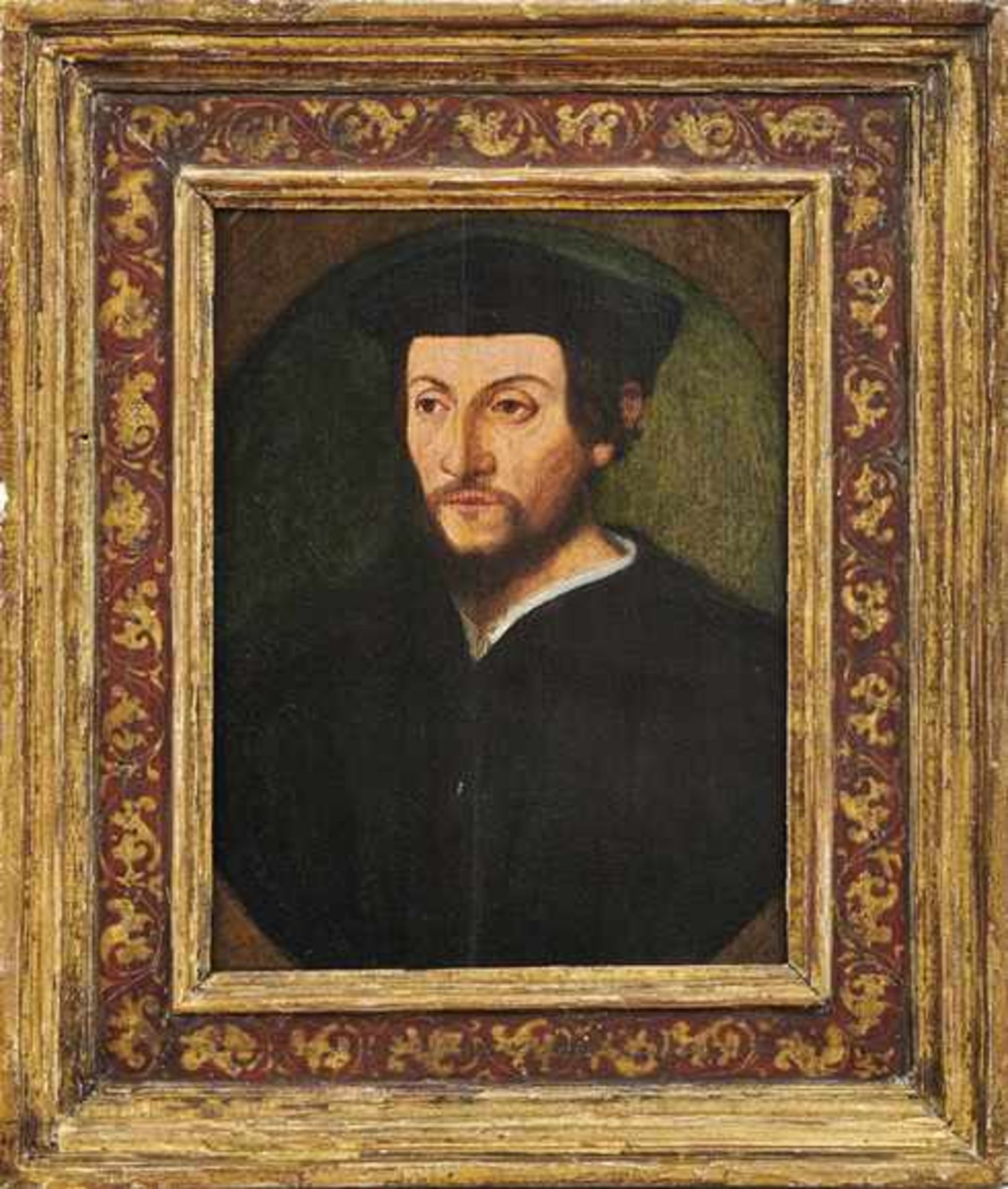 Bildnis eines Herren mit Bart und BarettA. 17. Jh.Öl/Holz, parkettiert. 24 x 18 cm; in vergoldeten