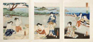 Utagawa Kunisada (Toyokuni III.)Triptychon: Prinz Genji besucht die Muscheltaucherinnen(Katsushika