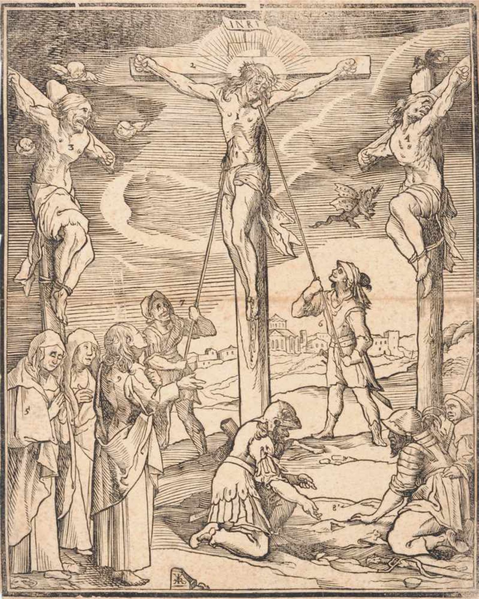 Deutscher Holzschneider, Kreuzigung Christi. Frühes 16. Jh. Holzschnitt auf feinem Papier. Im