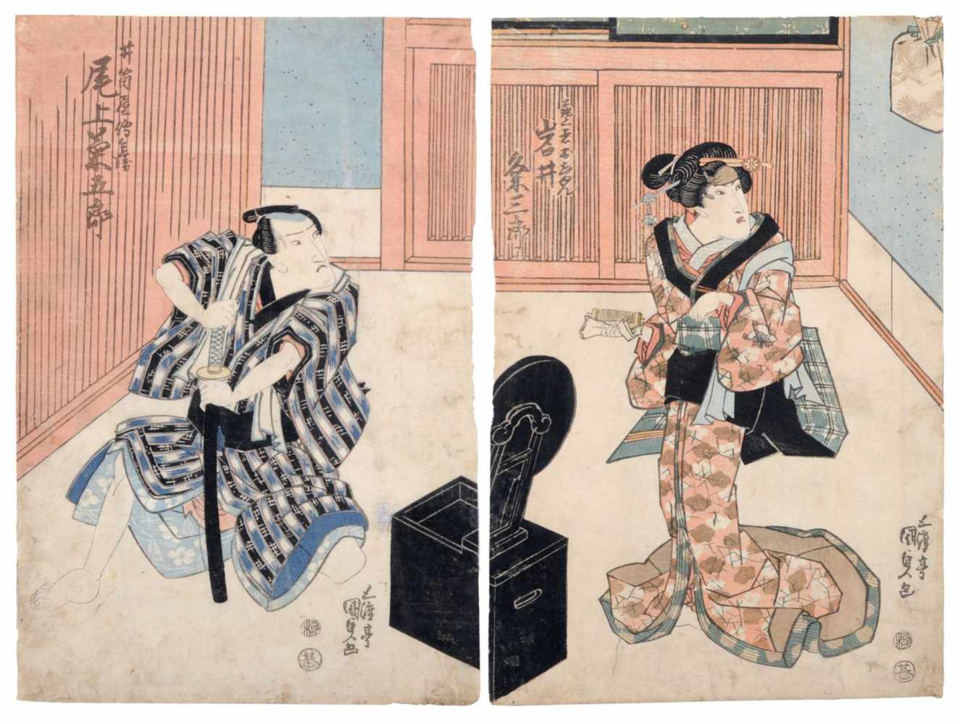 Utagawa Kunisada I., Zwei Kabuki-Schauspieler, Szene aus dem Stück "Sono Uwase Sakura Irodoki",