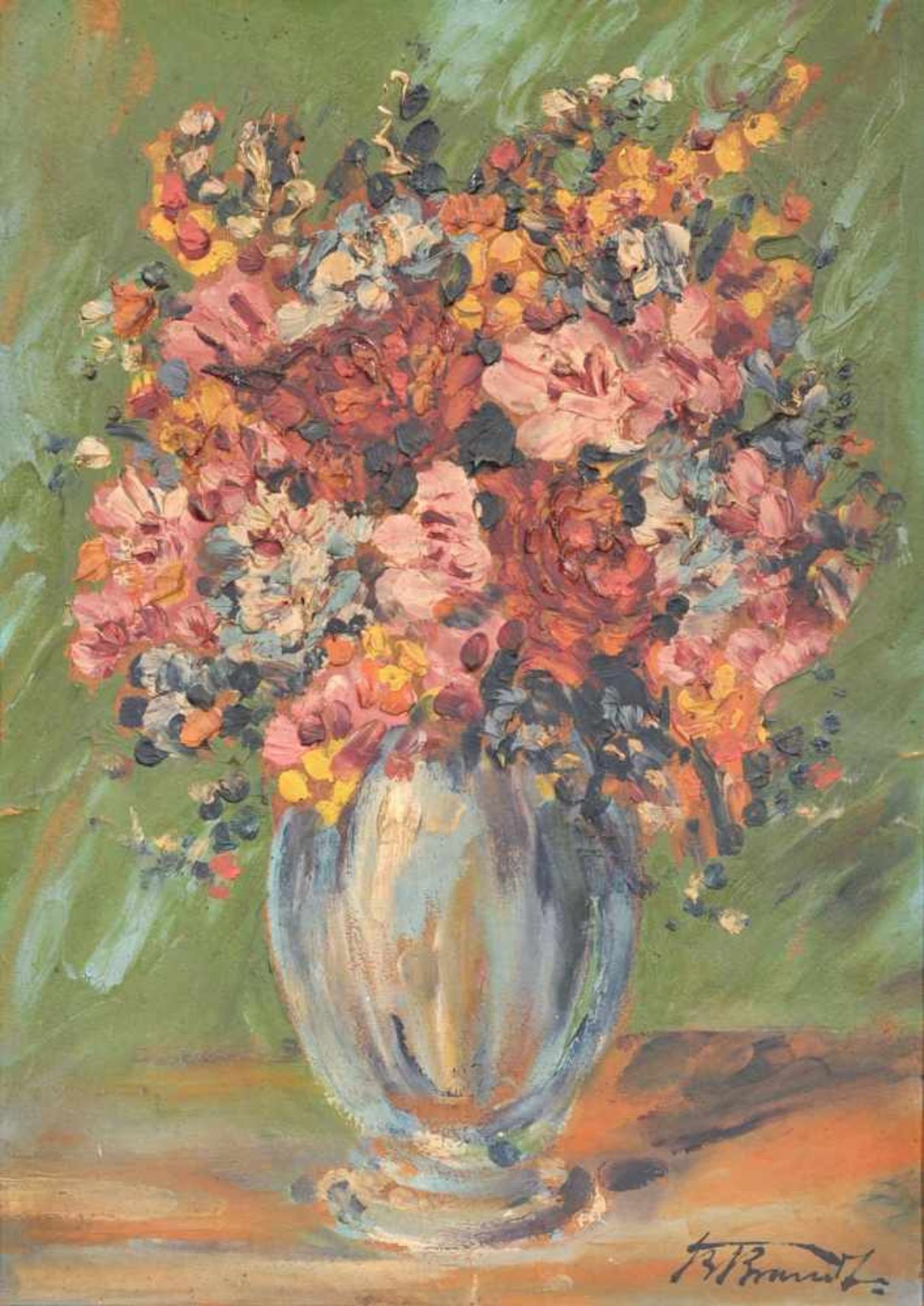 B. Brandt, Stillleben mit Sommerblumen. 1922. B. Brandt 20. Jh.Öl auf Malpappe. Signiert "Th.