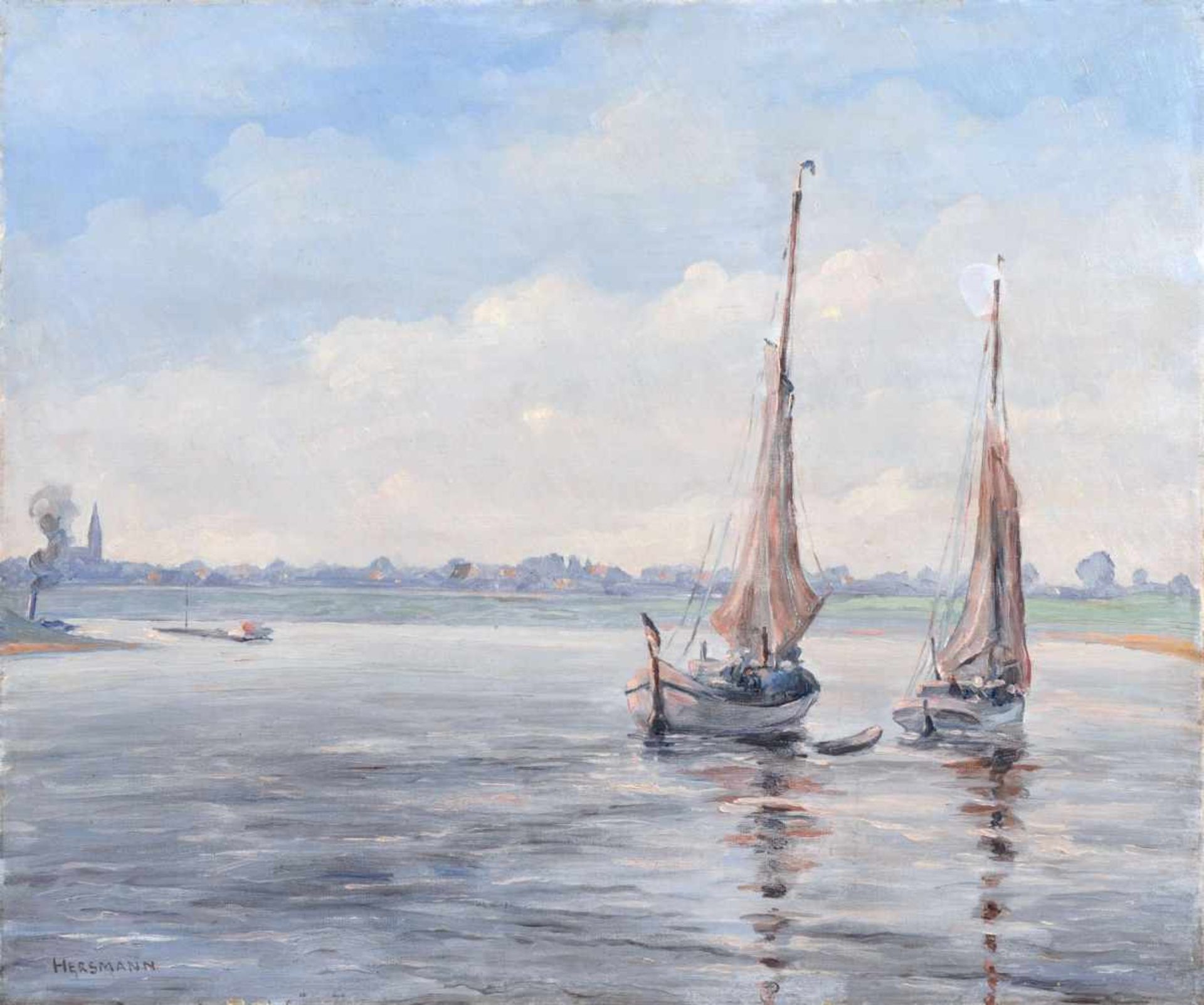 Hans Hersmann, Zwei Fischerboote vor einem Küstenort. Anfang 20. Jh. Hans Hersmann 1903 Duisburg 