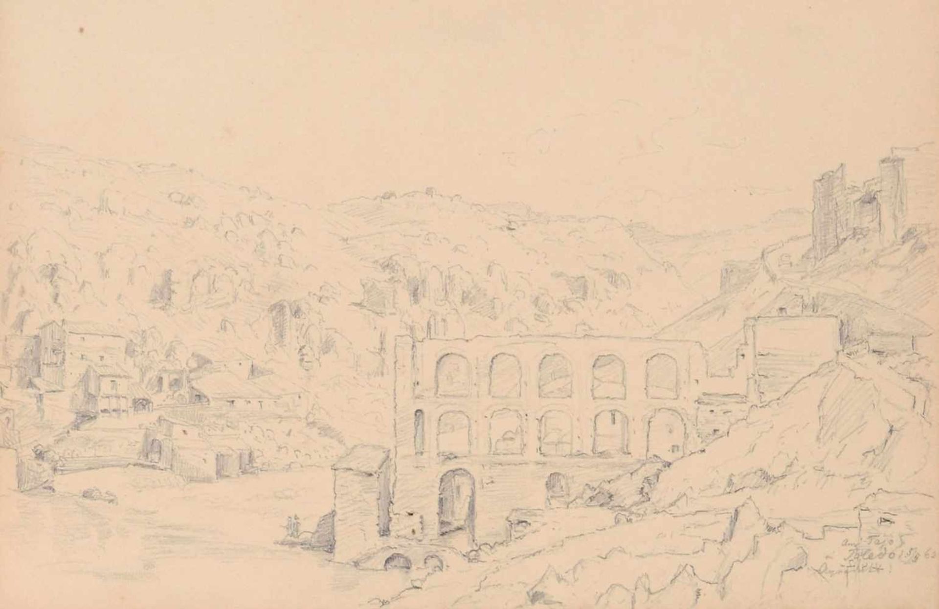Oscar von Alvensleben, Aquädukt am Tajo in Toledo / Spanische Skizzen. 1862. Oscar von Alvensleben