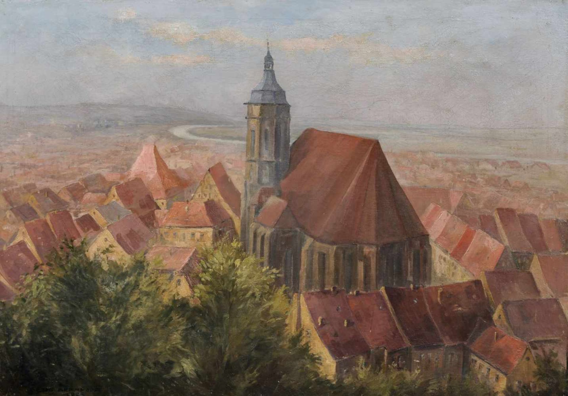 Georg Bernkopf, Blick von Schloss Sonnenstein über Pirnaer Altstadt mit Marienkirche. 1924. Georg