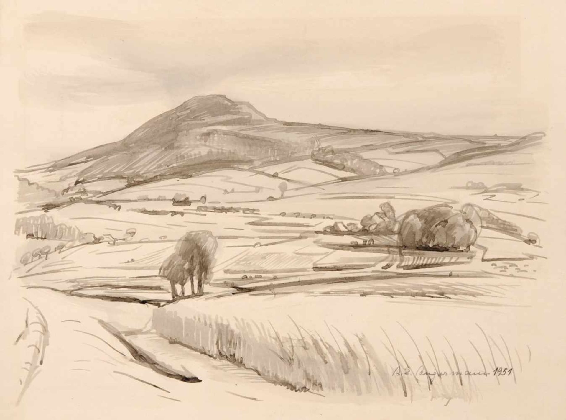 Anna Elisabeth Angermann, Hügelige Landschaft (Erzgebirge ?). 1951. Anna Elisabeth Angermann 1883