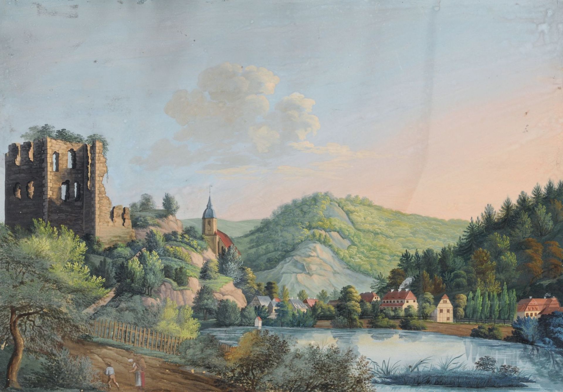 Sächsischer Aquarelllist, Blick auf Tharand mit Burgruine und Kirche. Um 1820. Gouache auf