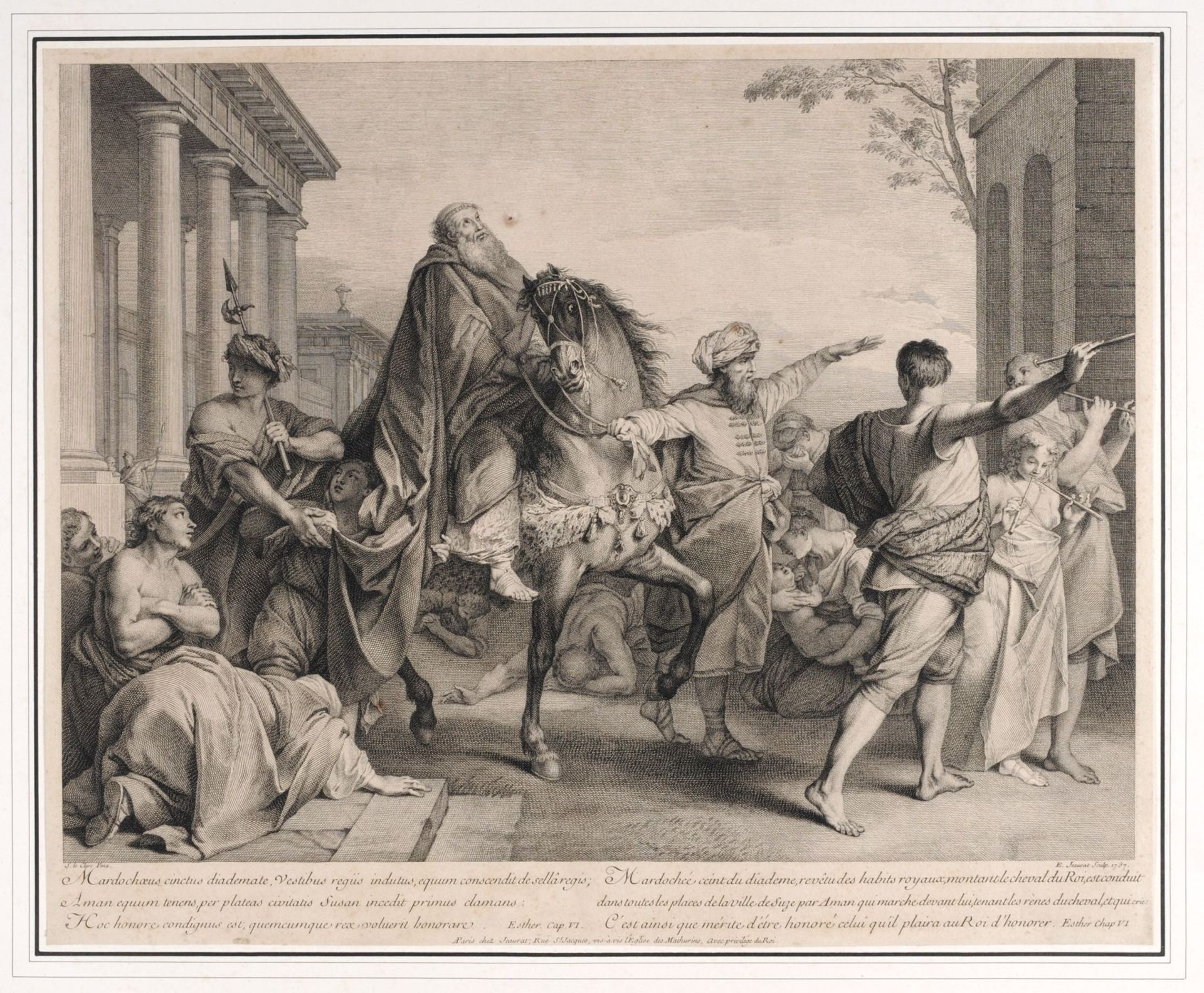 Étienne Jeaurat "Mardochoeus cinctus diademate, Vestibus regis indutus, ..." (Illustration zu