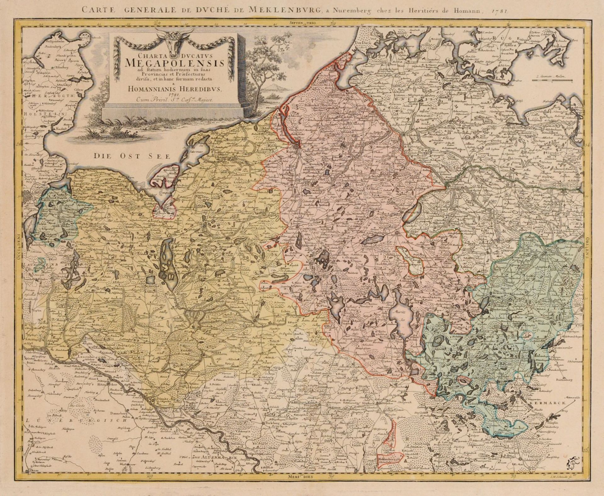 Homanns Erben "Charta ducatus Megapolensis". 1781. Homanns Erben 1702 Nürnberg  1848 Kupferstich,