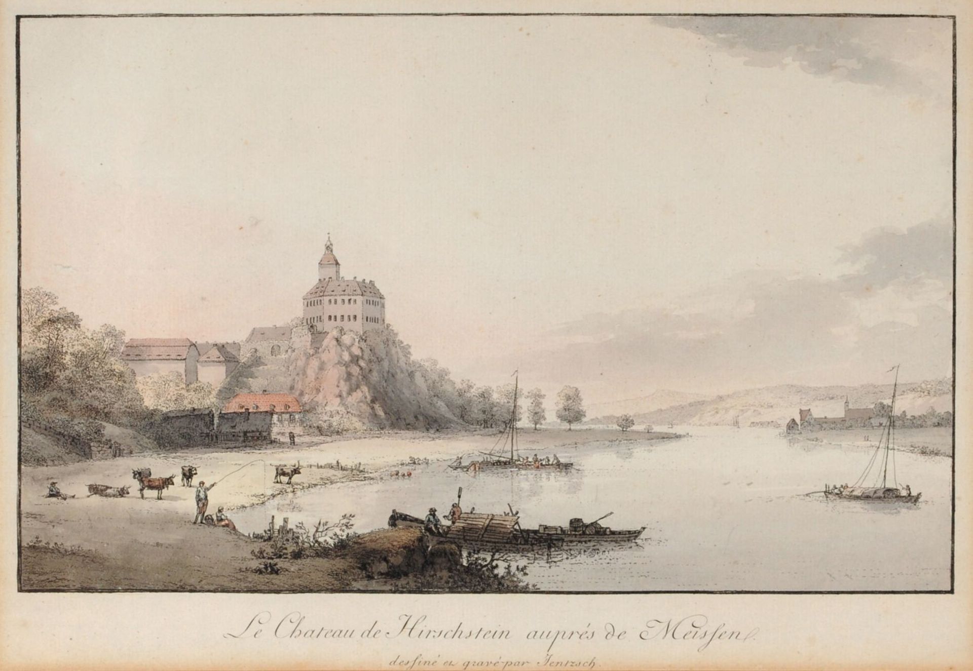 Johann M. Gottfried Jentzsch "Le Chateau de Hirschstein auprés de Meißen". Um 1800. Johann M.