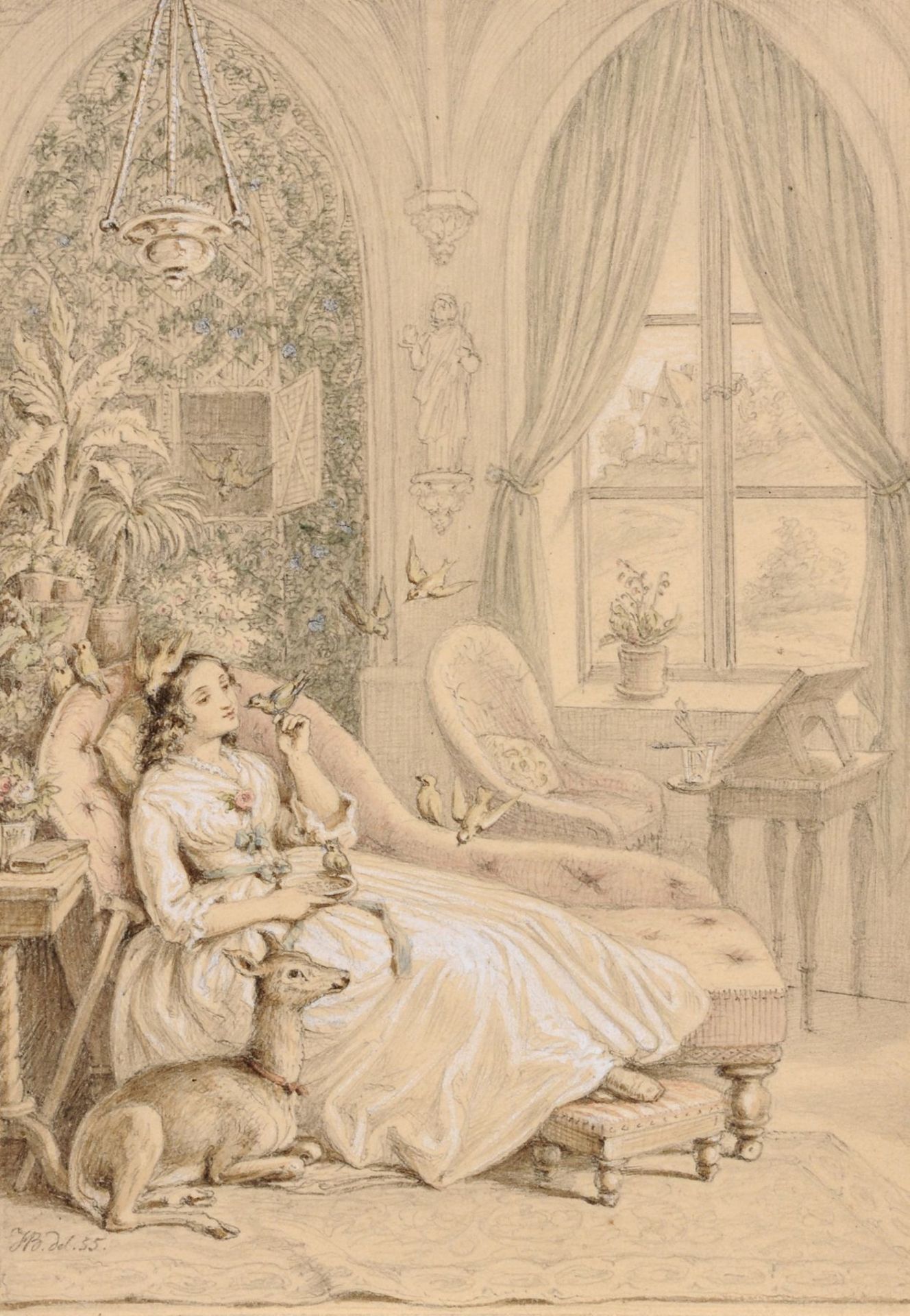 Hugo Bürkner, Interieur mit Mädchen, Reh und Tauben (Brüderchen und Schwesterchen). 1855. Hugo