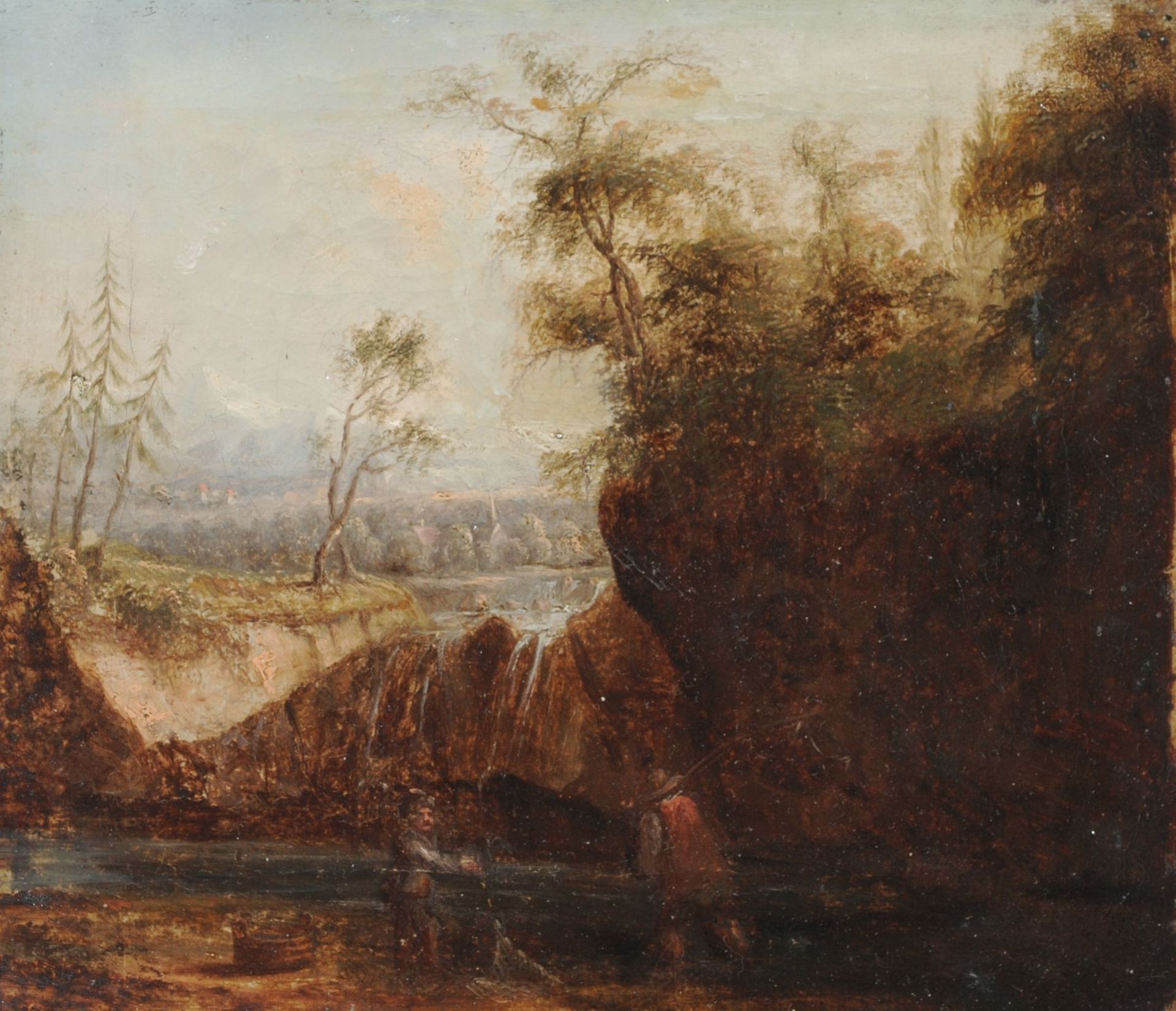 Unbekannter Künstler, Zwei Fischer an einem Wasserfall in ländlicher Szenerie. Anfang 19. Jh. Öl auf