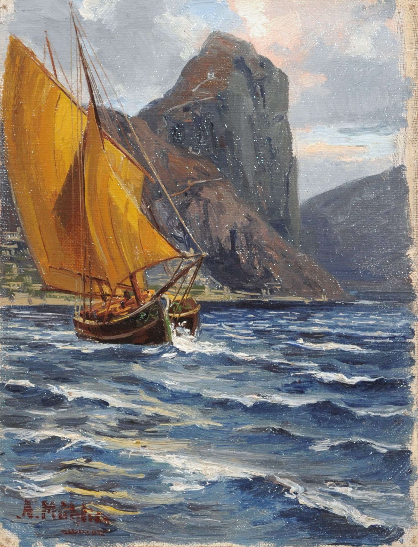 Albert Ernst Mühlig, Südländische, felsige Küstenlandschaft mit Segelboot (Amalfi ?). 2. H. 19.