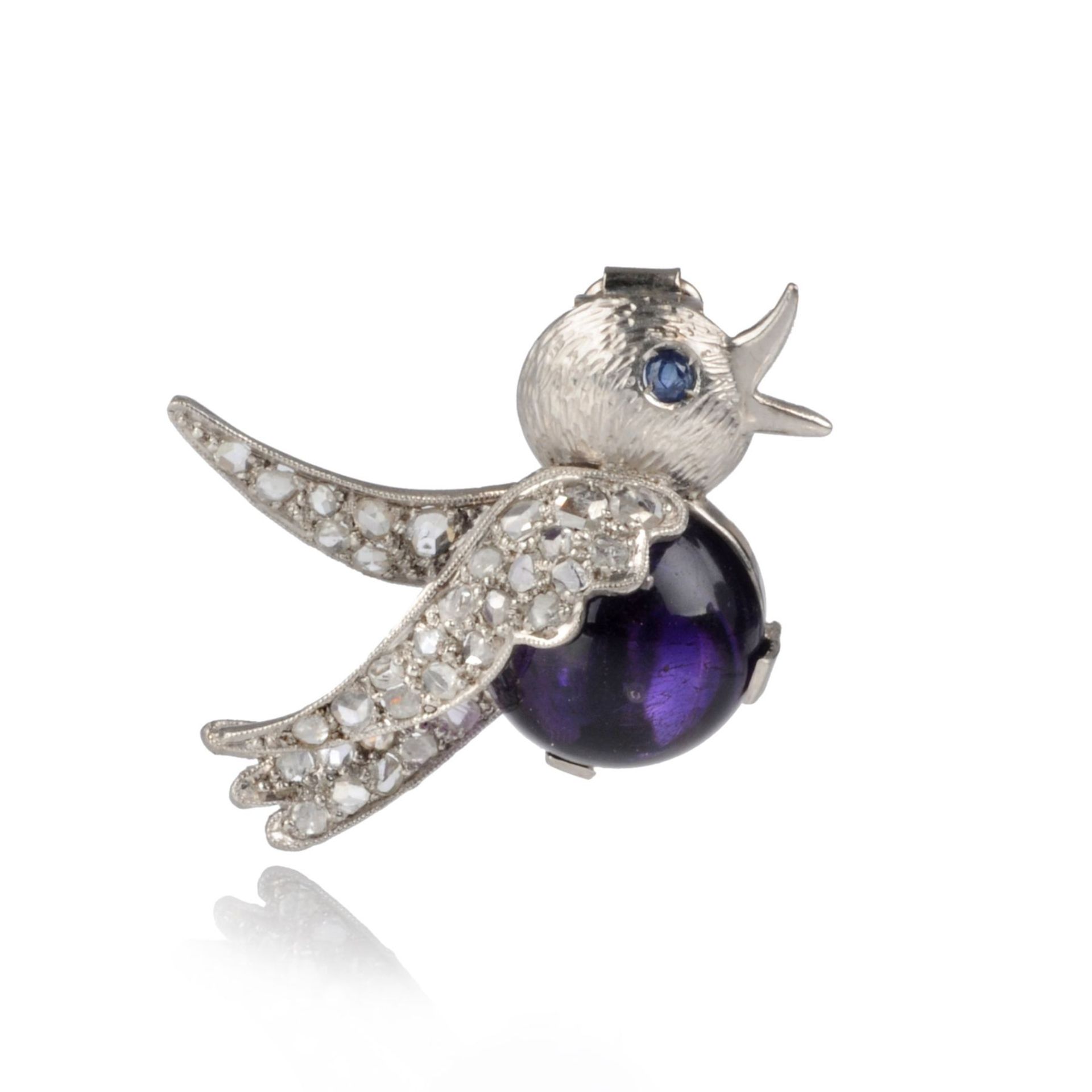 Figürliche Brosche "Vogel" mit Amethyst. Juwelier Bernhard Blum, Berlin. 1960er Jahre. 14 K