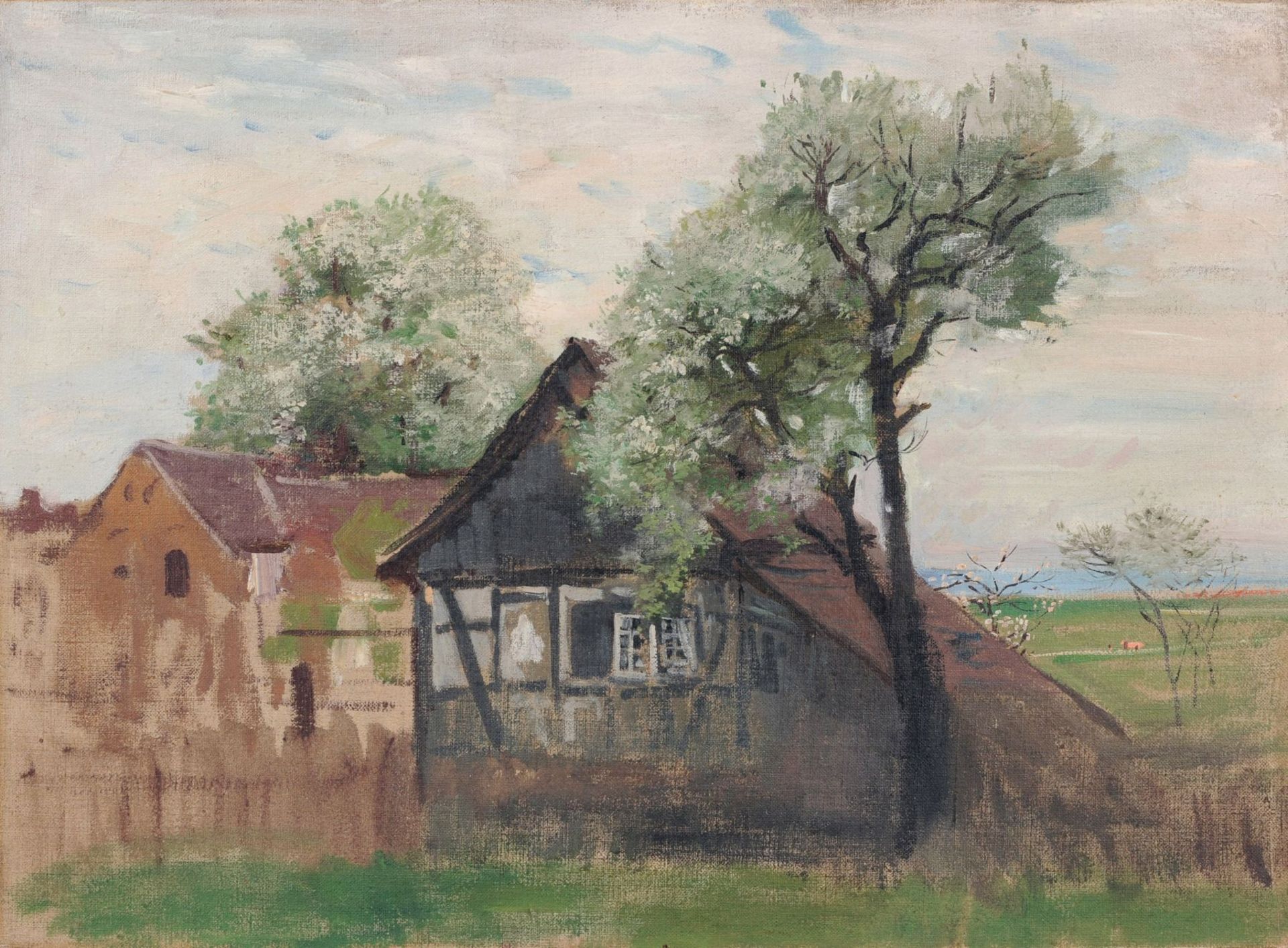 Robert Hermann Sterl "Bauernhaus im Frühling" (Böhmisches Fachwerkhaus in Jonsdorf, Janov). Um 1894.
