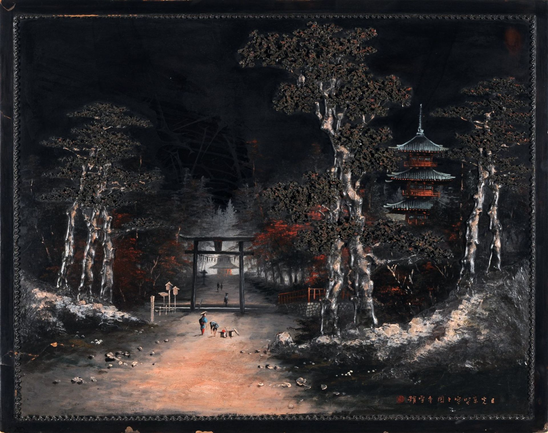 Japanischer Künstler, Ansicht der Nikko Pagode (Japan). Wohl um 1860/1870. Lackfarbe, Öl und