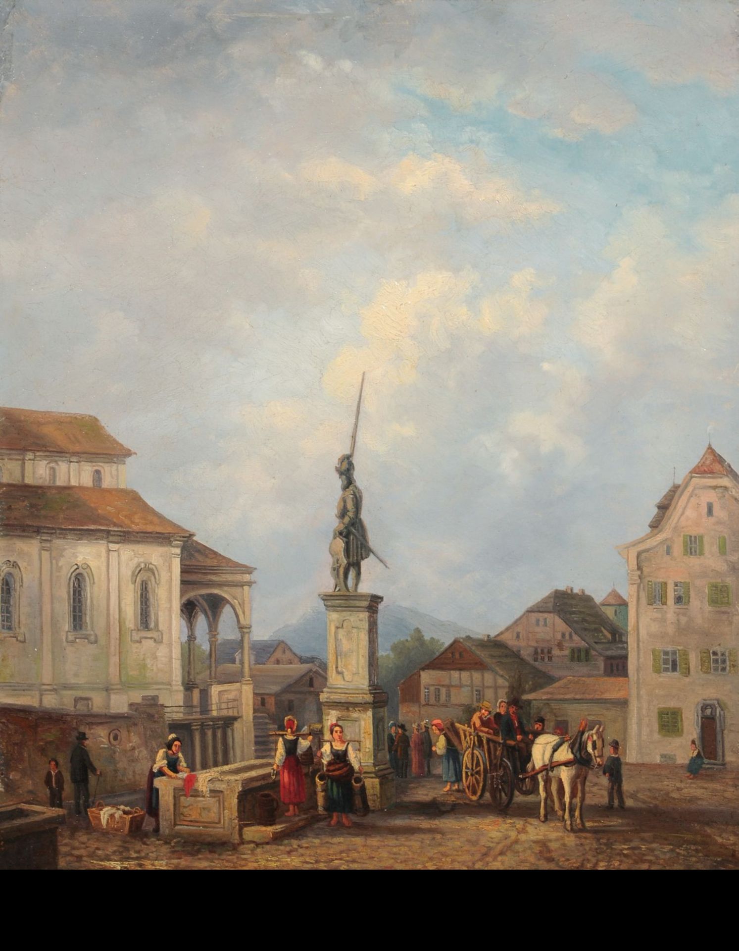 B. Violet, Der Winkelriedbrunnen auf dem Marktplatz in Stans (Schweiz). Mitte 19. Jh. B. Violet