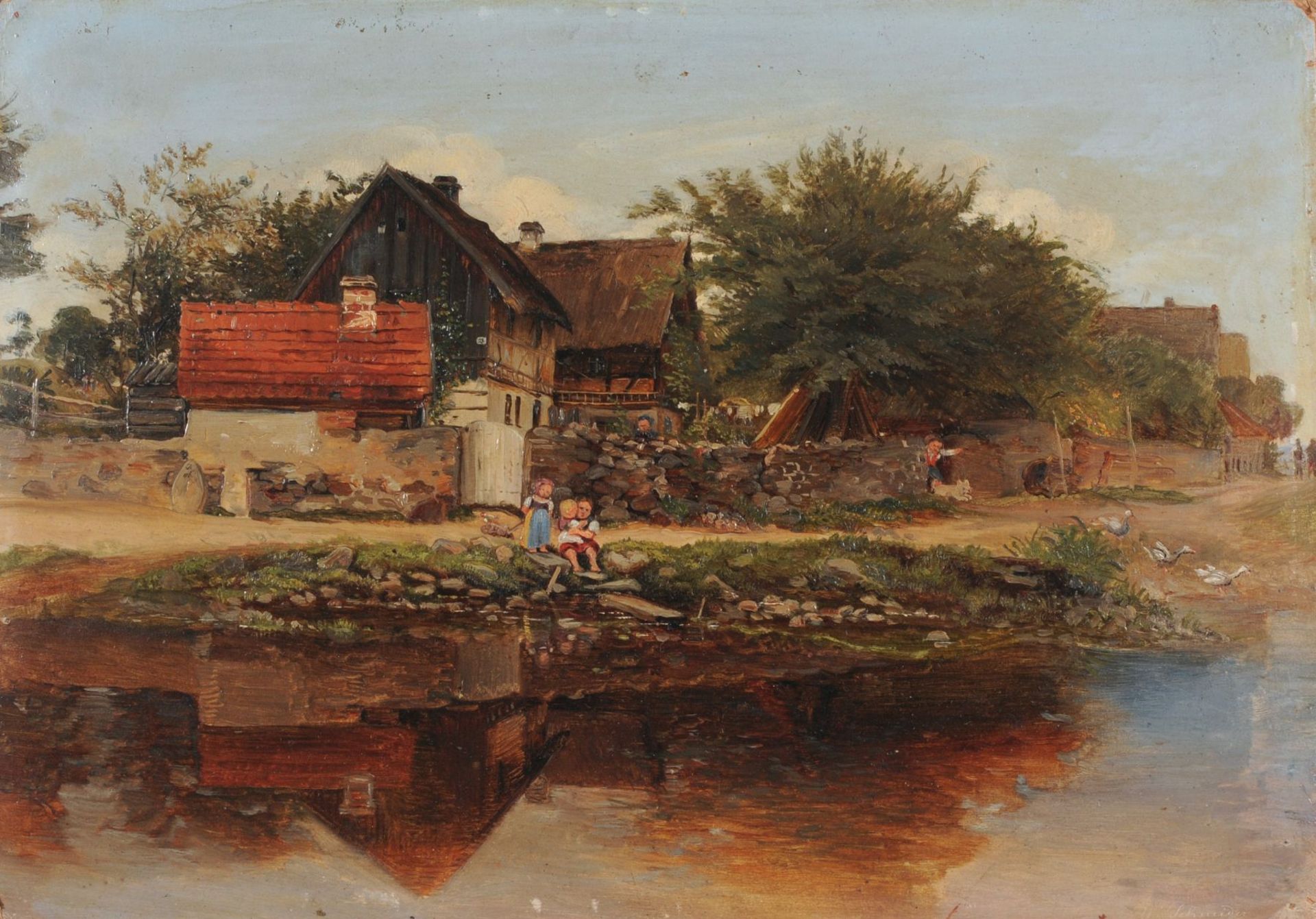 Wilhelm Heinrich Schneider, Dorflandschaft mit Flusslauf (Spreewald). 2. H. 19. Jh. Wilhelm Heinrich