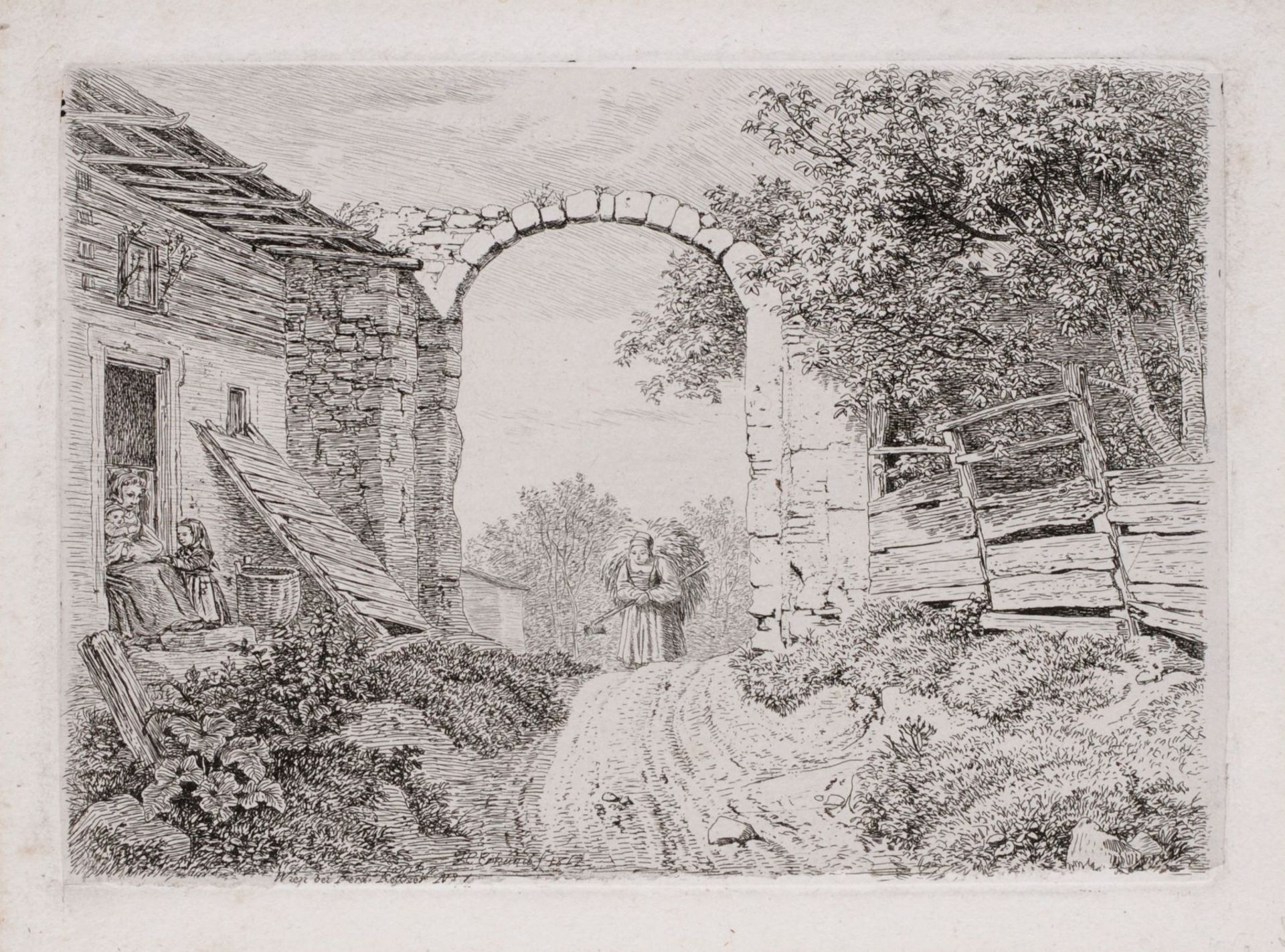 Johann Christoph Erhard "Das Mädchen mit der Grasbürde außerhalb des Torbogens". 1817. Johann