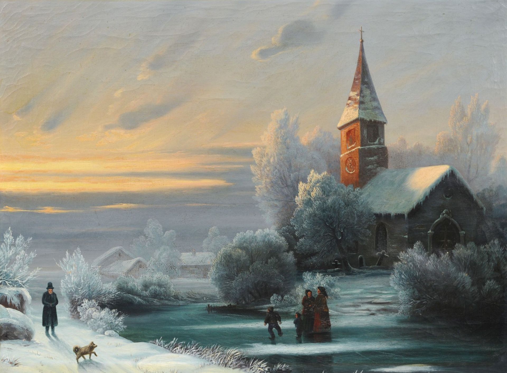 R. R. Bergmann (zugeschr.), Winterlandschaft mit Kirche und Schlittschuhläufern. Wohl Spätes 19. Jh.