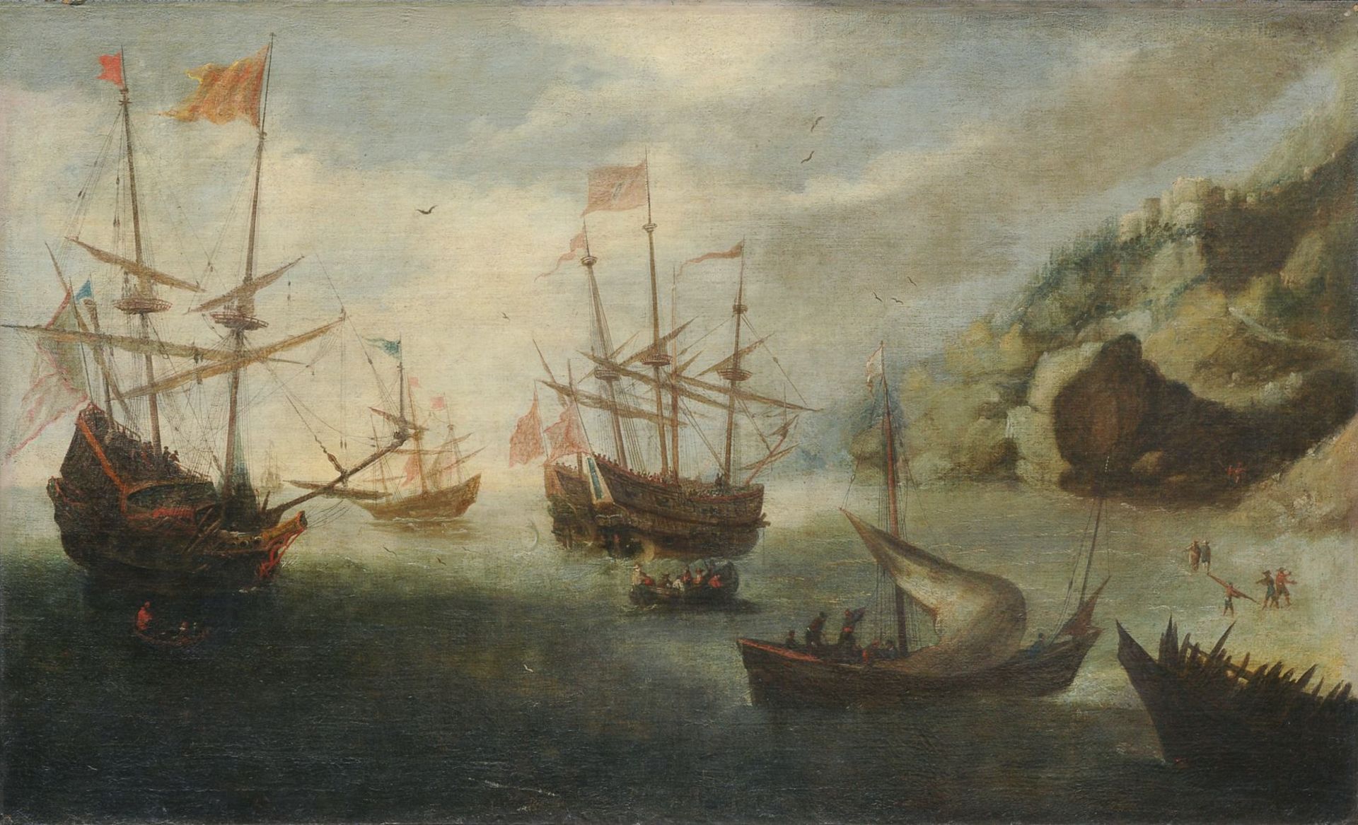 Andries van Eertvelt (zugeschr.), Mediterrane Küstenlandschaft mit Segelschiffen. 17. Jh. Andries