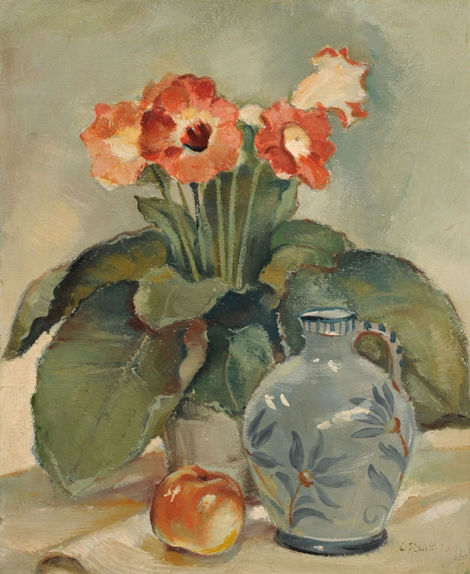 Emil Orlik, Blumenstillleben mit Apfel. Wohl um 1920. Emil Orlik 1870 Prag  1932 BerlinÖl auf